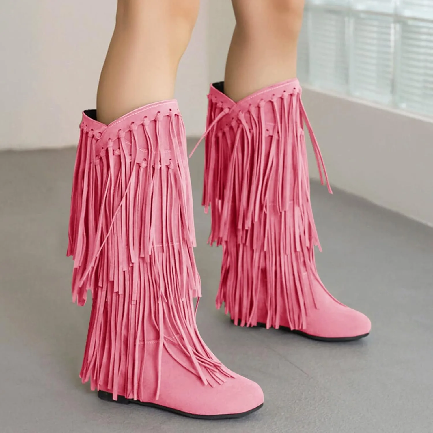 Ankle Boots For Women Tassel Cowboys Thigh High Boots Suede Flat Knee High Boots Mid Calf Tall Long Bootie