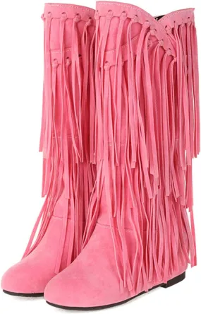 Ankle Boots For Women Tassel Cowboys Thigh High Boots Suede Flat Knee High Boots Mid Calf Tall Long Bootie