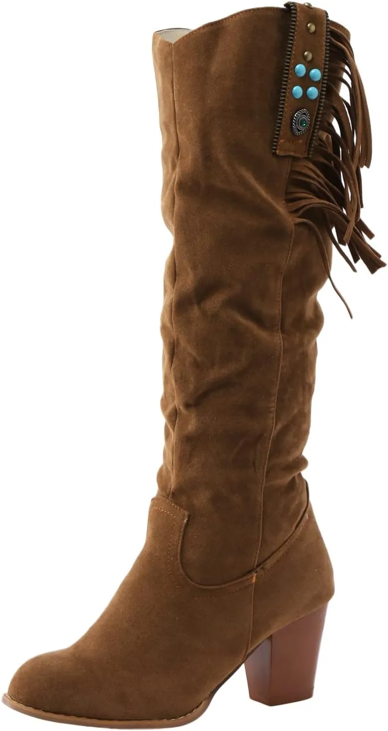 Boots For Women Casual Square Heel Thigh High Boots Tassel Knee High Boots Suede Pull On Tall Bootie