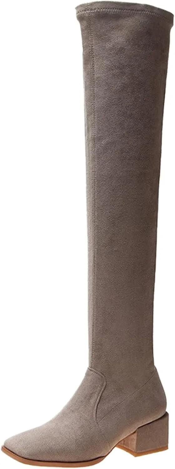 Boots For Women Square Toe Over Knee Boots Suede Zipper Thigh High Boots Chunky Heeled Tall Long Boots