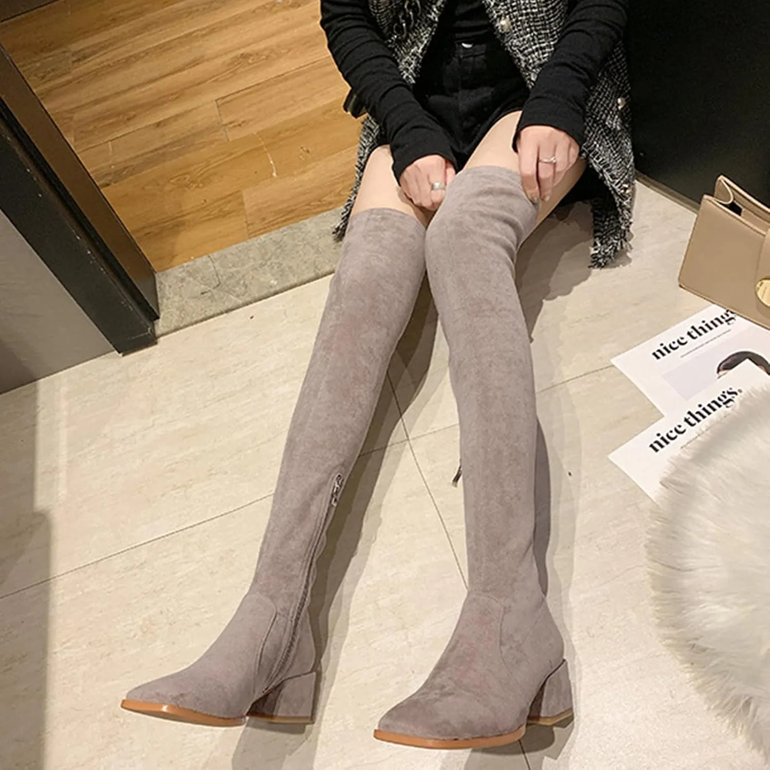 Boots For Women Square Toe Over Knee Boots Suede Zipper Thigh High Boots Chunky Heeled Tall Long Boots