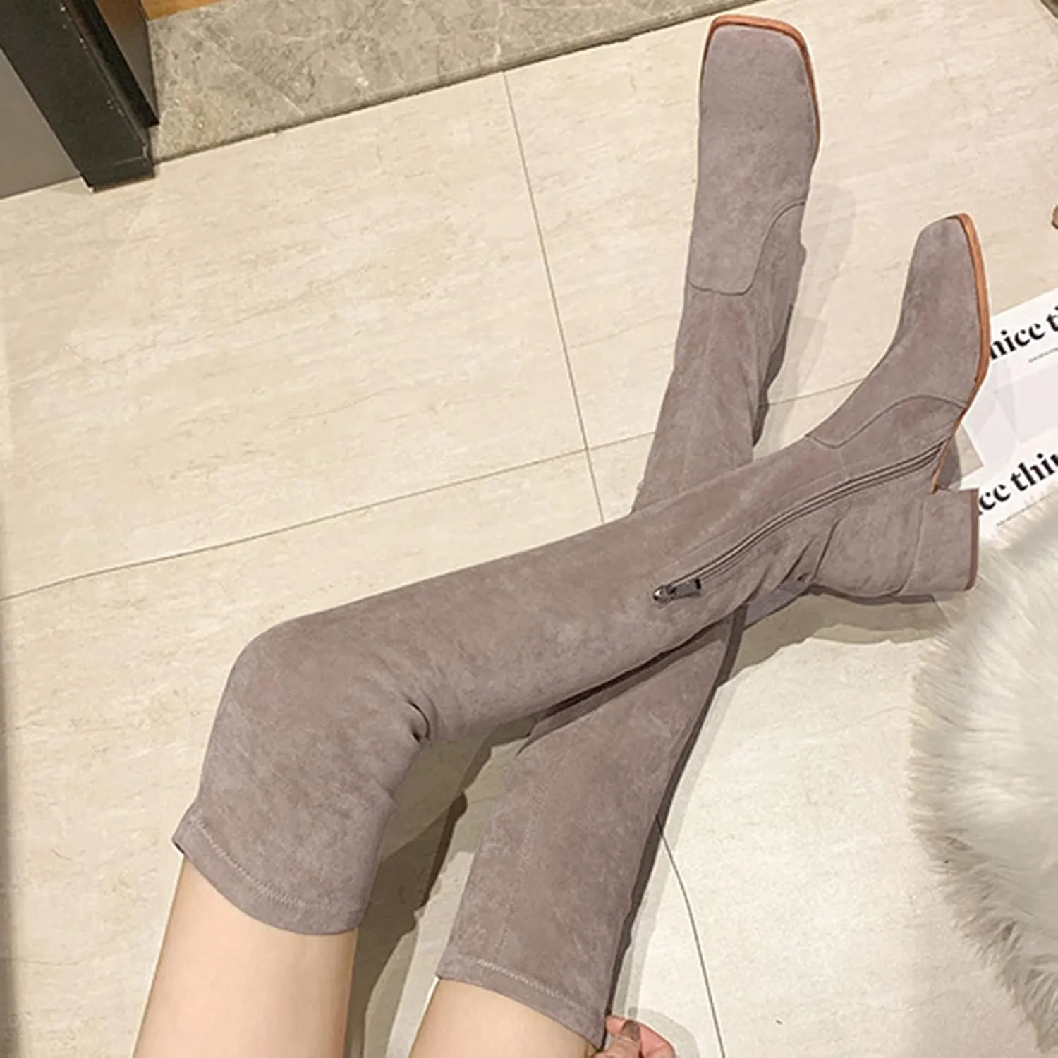 Boots For Women Square Toe Over Knee Boots Suede Zipper Thigh High Boots Chunky Heeled Tall Long Boots