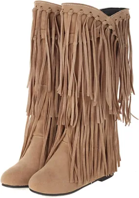 Boots For Women Tassel Cowboys Thigh High Boots Suede Flat Knee High Boots Mid Calf Tall Long Bootie