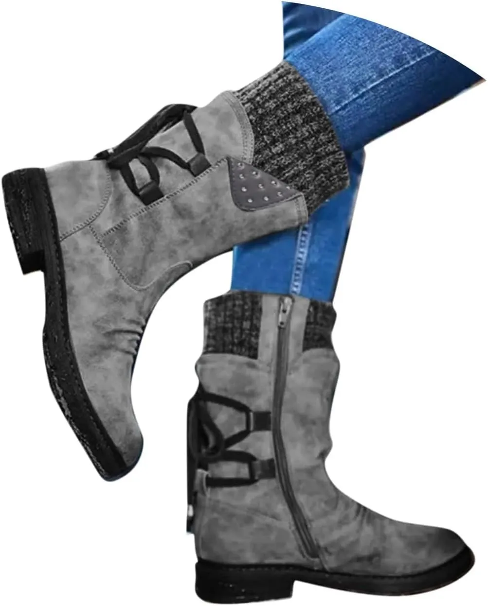 Cathalem Boots for Women Knee-High Boots Comfortable Chunky Block Heel Pointed Toe Pull On Side Zipper Lace Up Riding Boots
