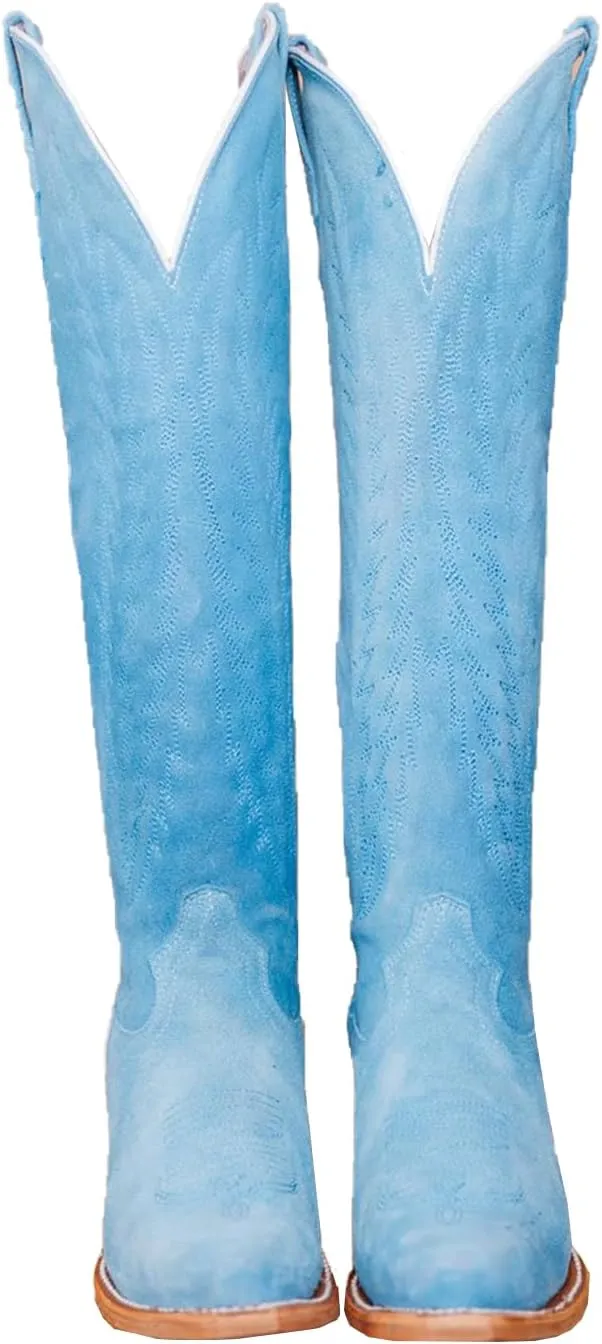 Cowboy Boots for Women Knee High Cowgirl Boots with Classic Embroidered Side Zipper Pointed Toe Chunky Heel Pull On Fashion Retro Tall Boot