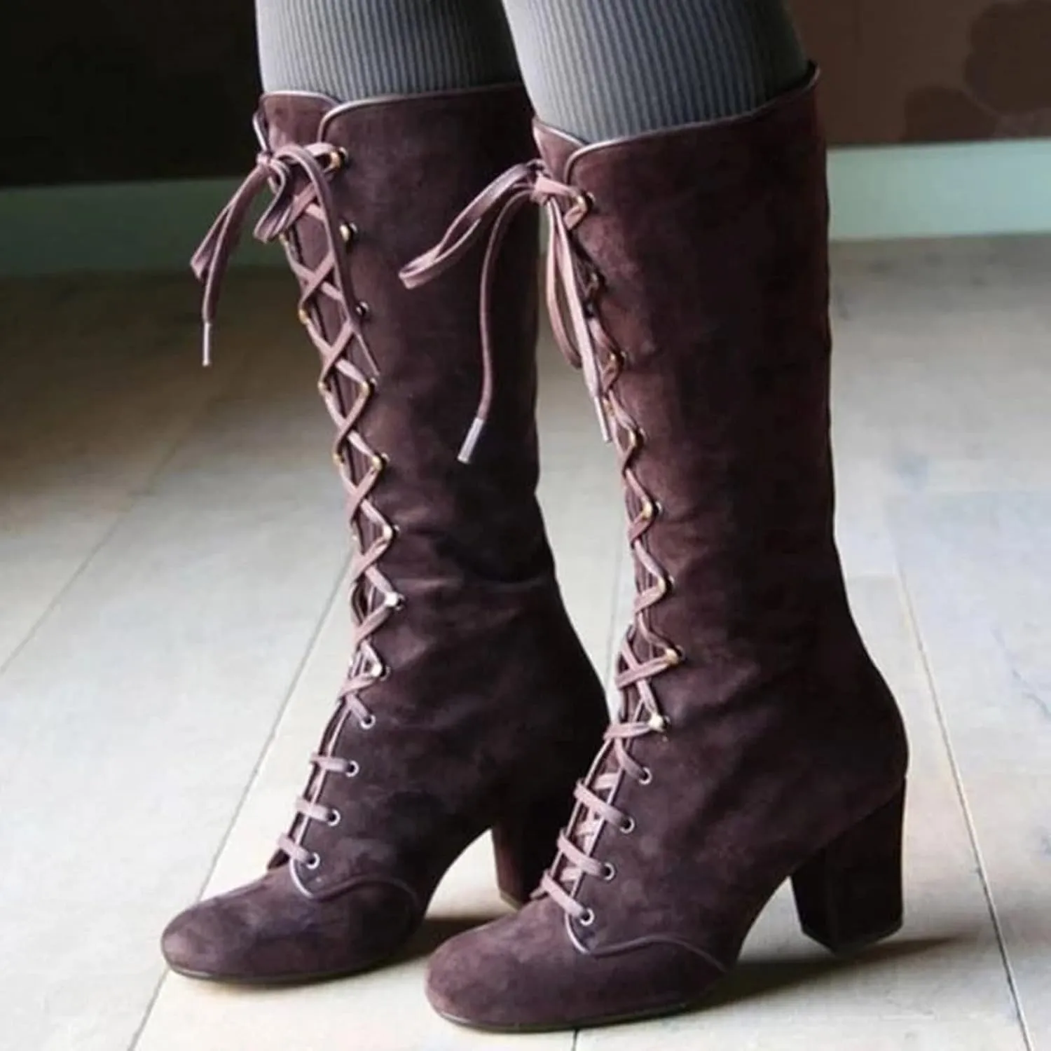 Cowboy Boots For Women Retro Vintage Lace-Up Thigh High Boots Suede Low Chunky Heels Knee High Long Boots