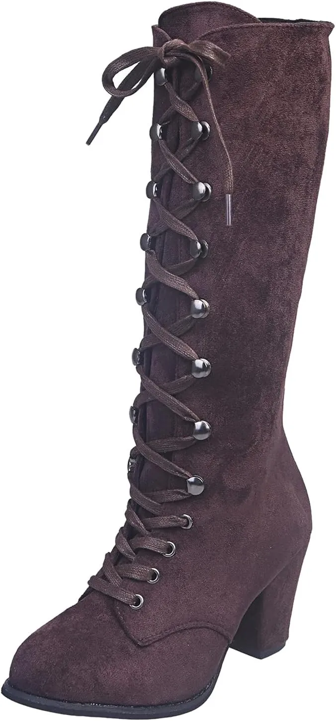 Cowboy Boots For Women Retro Vintage Lace-Up Thigh High Boots Suede Low Chunky Heels Knee High Long Boots