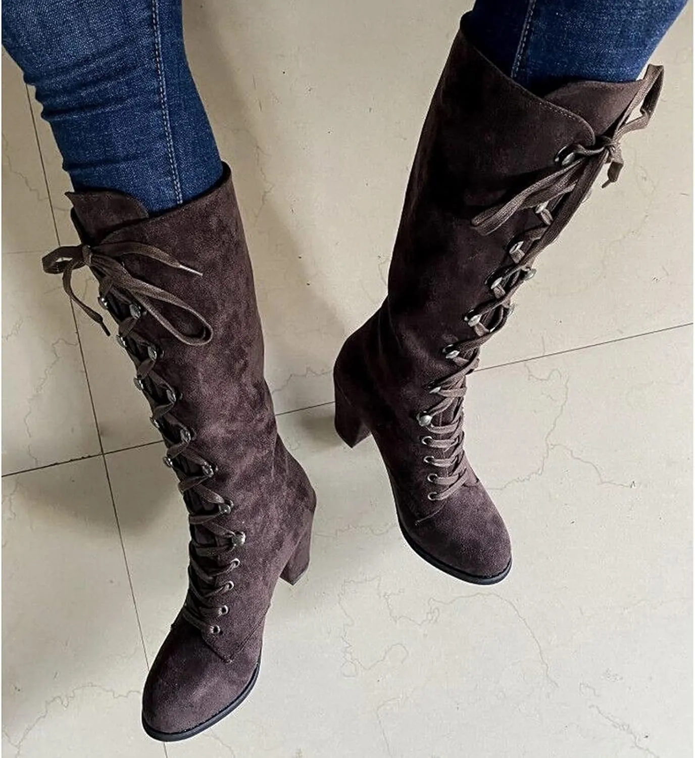 Cowboy Boots For Women Retro Vintage Lace-Up Thigh High Boots Suede Low Chunky Heels Knee High Long Boots
