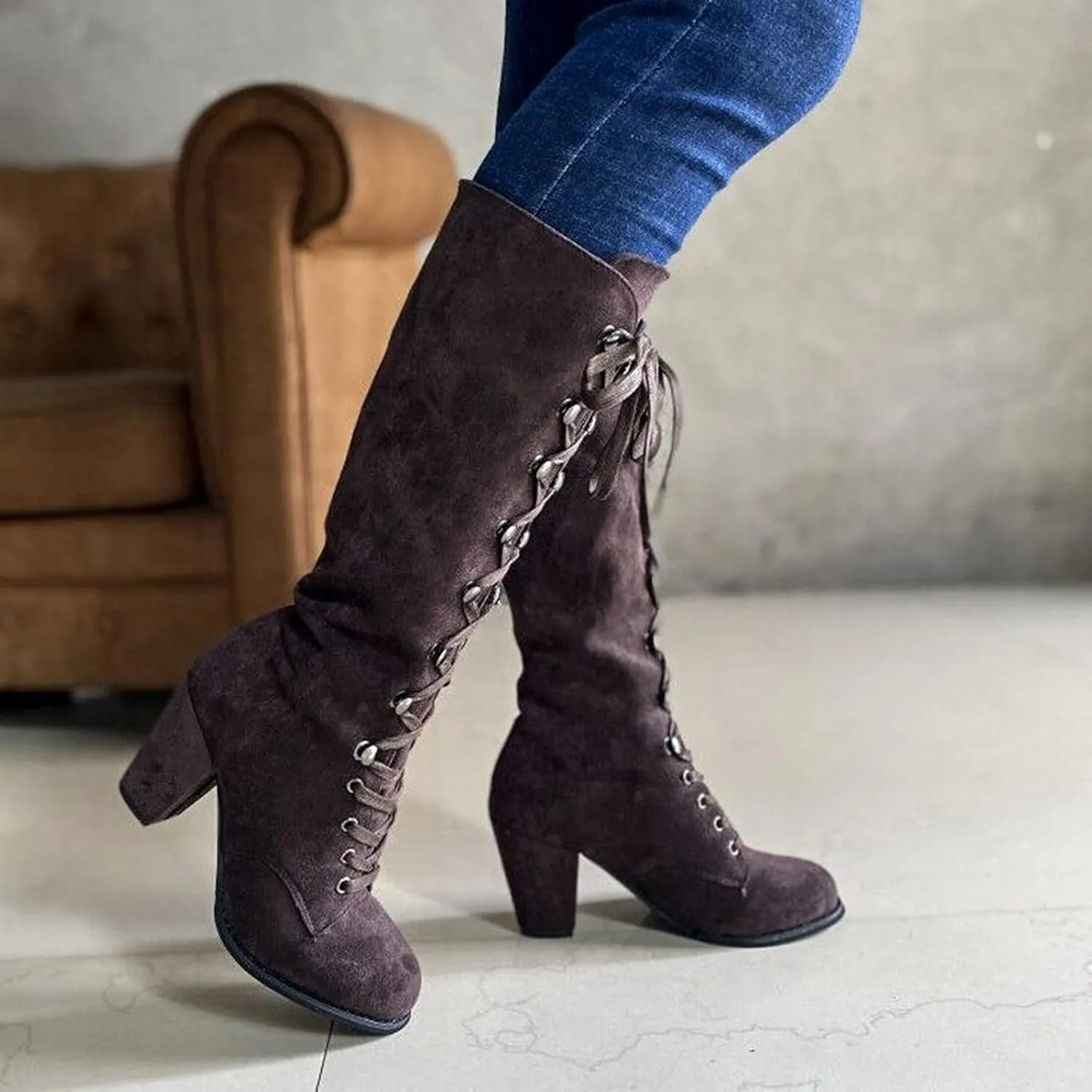 Cowboy Boots For Women Retro Vintage Lace-Up Thigh High Boots Suede Low Chunky Heels Knee High Long Boots