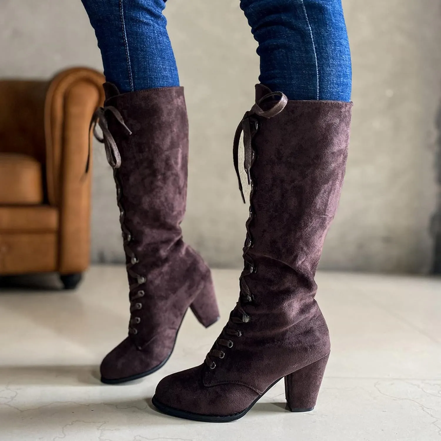 Cowboy Boots For Women Retro Vintage Lace-Up Thigh High Boots Suede Low Chunky Heels Knee High Long Boots