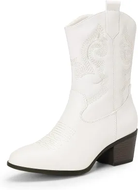 DREAM PAIRS Cowboy Boots for Women, Mid Calf Cowgirl Boots with Embroidery Round Toe Western Chunky Low Heel Shoes
