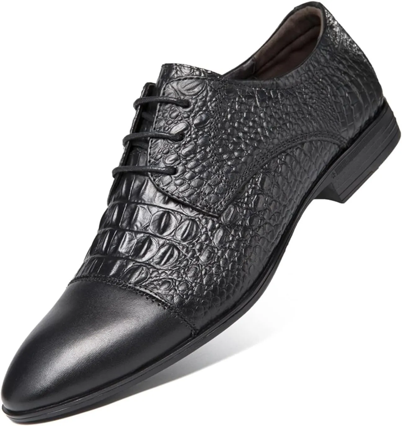 Dress Shoes for Men Lace Up Cap Toe Crocodile Embossed Derby Shoes Leather Rubber Sole Anti-Slip Non Slip Low Top Block Heel Prom