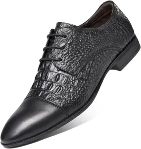 Dress Shoes for Men Lace Up Cap Toe Crocodile Embossed Derby Shoes Leather Rubber Sole Anti-Slip Non Slip Low Top Block Heel Prom