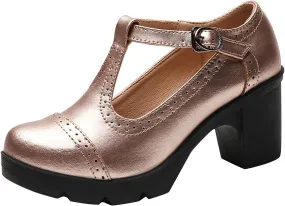 Dress Wedding Shoes for Women Low Block Heels Mary Jane Chunky T-Strap Interview Shoes Closed Toe Oxfords Pump Shoes