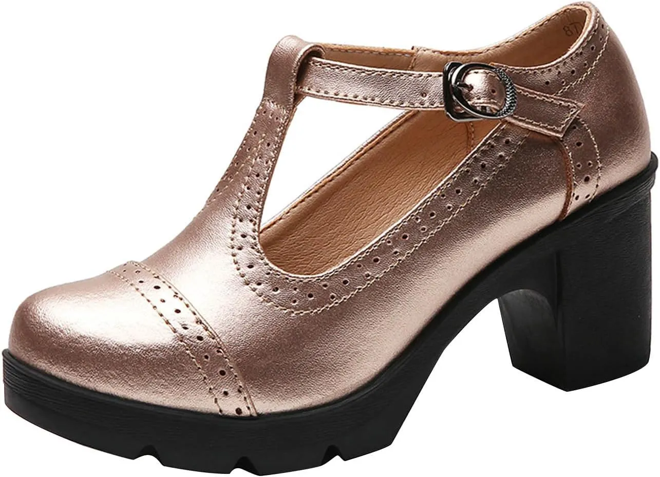 Dress Wedding Shoes for Women Low Block Heels Mary Jane Chunky T-Strap Interview Shoes Closed Toe Oxfords Pump Shoes