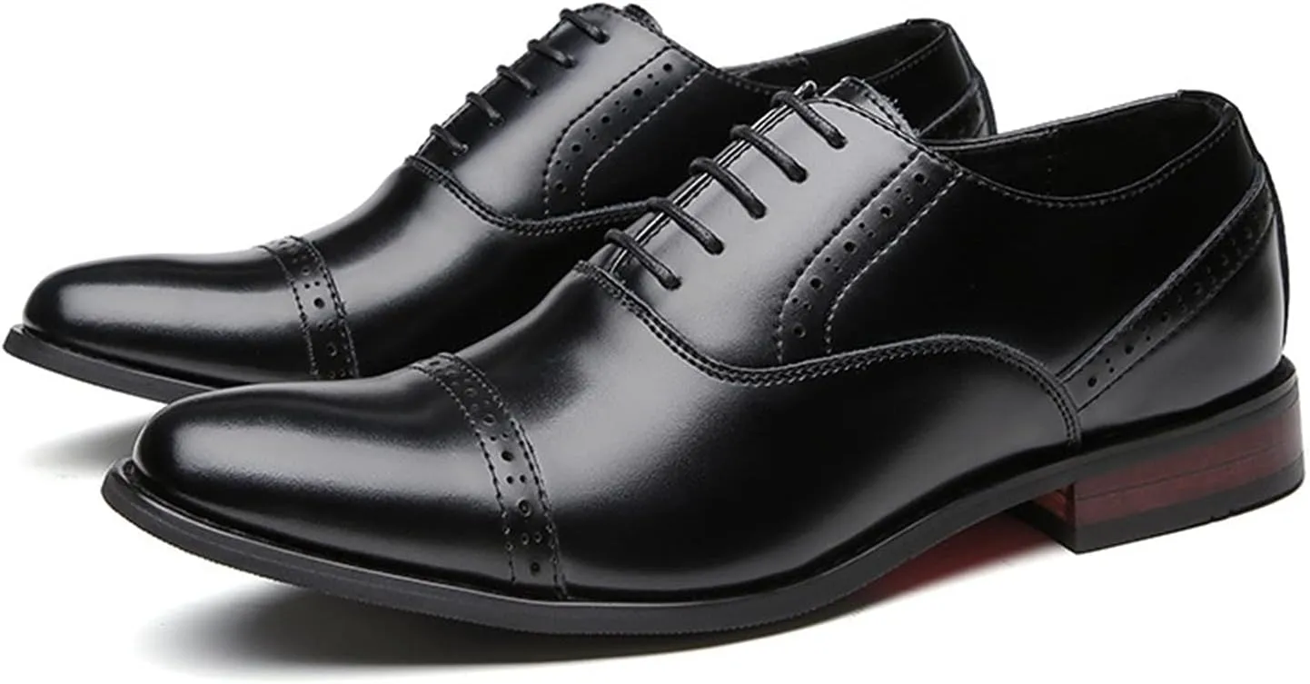 Formal Oxford Shoes for Men Lace Up Cap Toe Black Burnished Toe Leather Rubber Sole Slip Resistant Low Top Non Slip Prom