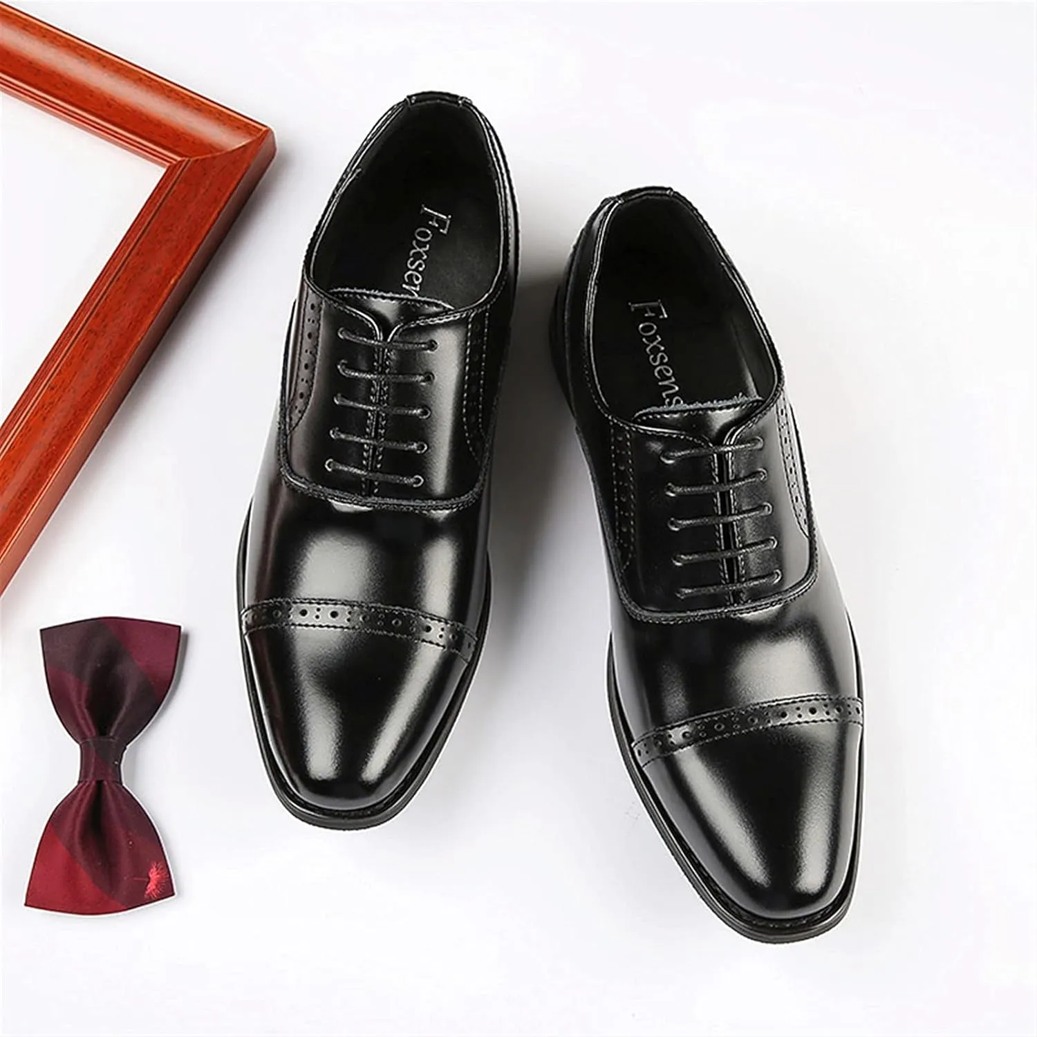 Formal Oxford Shoes for Men Lace Up Cap Toe Black Burnished Toe Leather Rubber Sole Slip Resistant Low Top Non Slip Prom