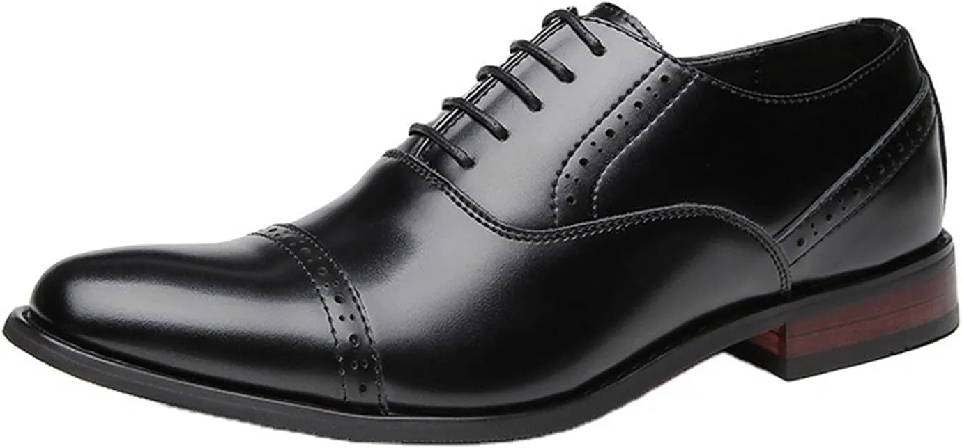 Formal Oxford Shoes for Men Lace Up Cap Toe Black Burnished Toe Leather Rubber Sole Slip Resistant Low Top Non Slip Prom