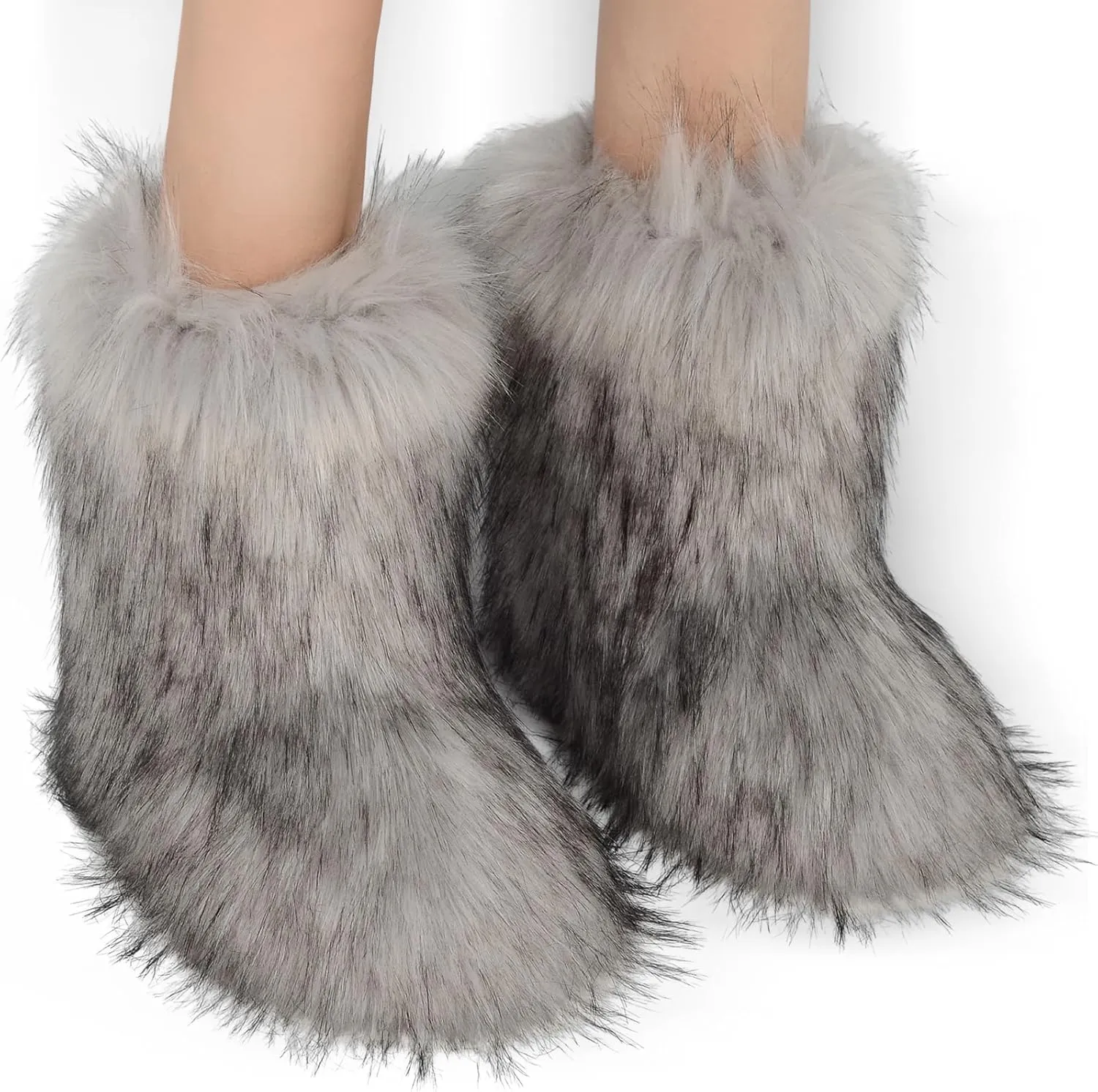 Fur Boots Warm Women's Faux Fur Boot Furry Short Snow Boot Mid-Calf Boots Outdoor Flat Shoes