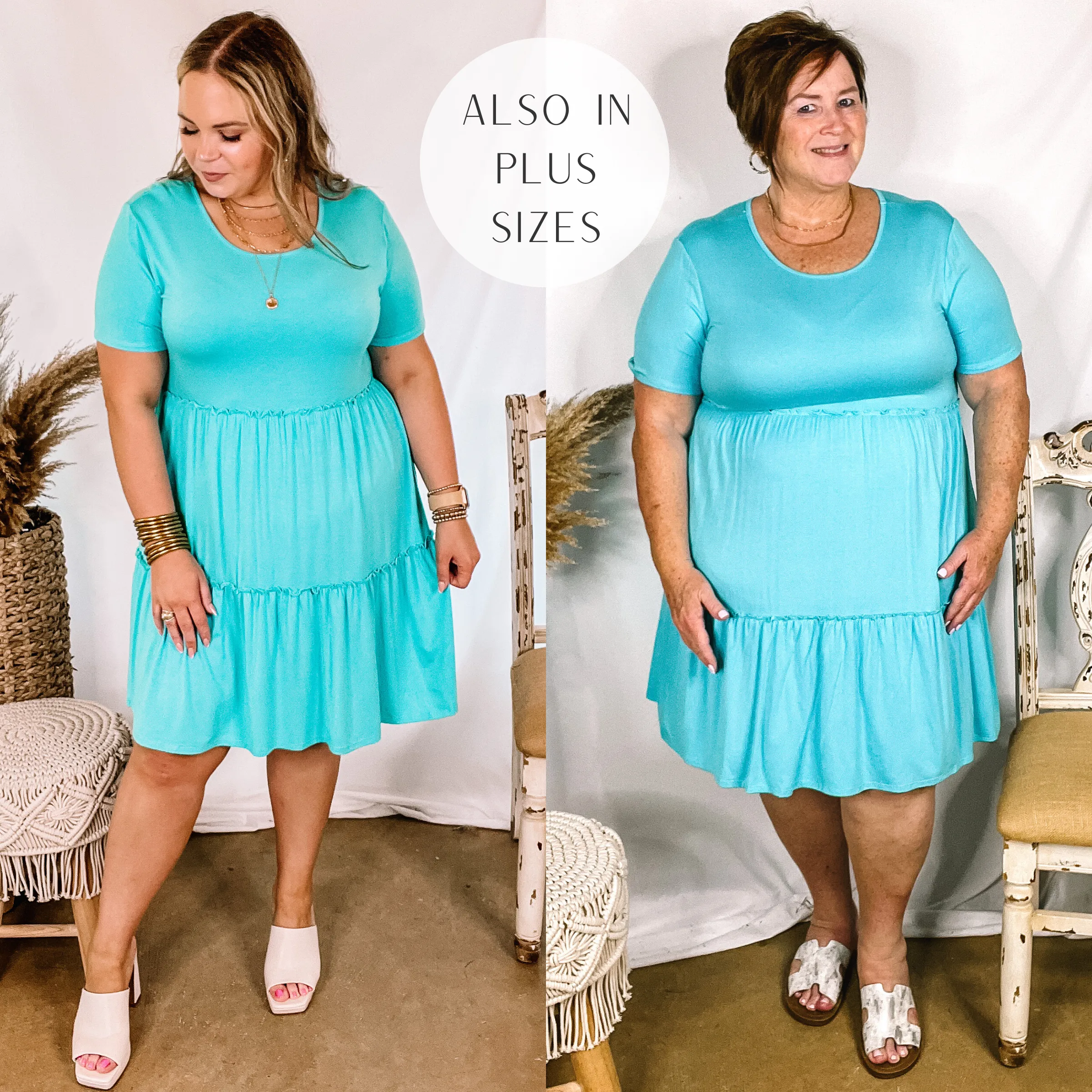 Last Chance Size Small, 2XL & 3XL | A Night to Remember Ruffle Tiered Short Sleeve Dress in Aqua Blue
