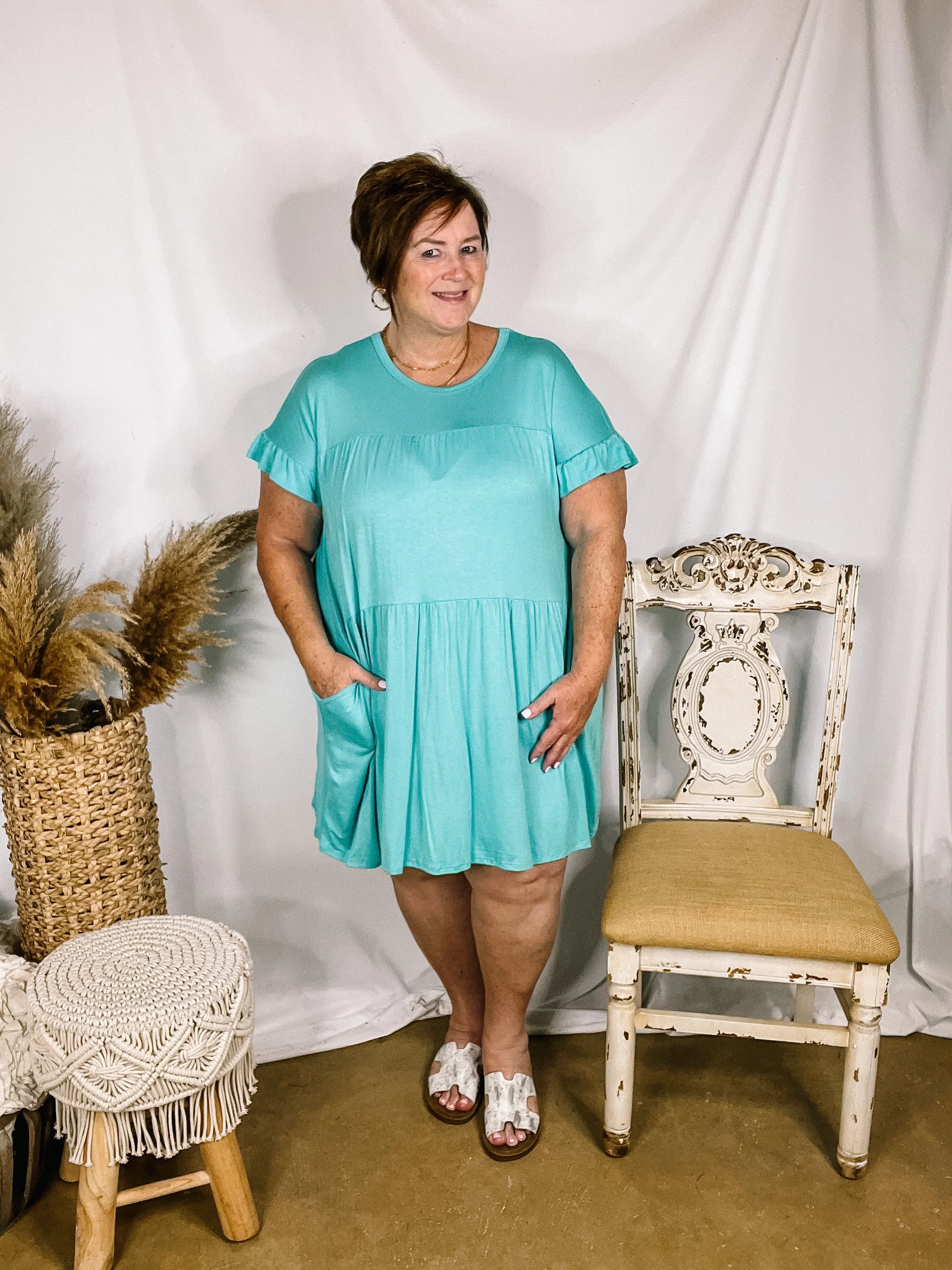 Last Chance Size Small, 2XL & 3XL | A Night to Remember Ruffle Tiered Short Sleeve Dress in Aqua Blue