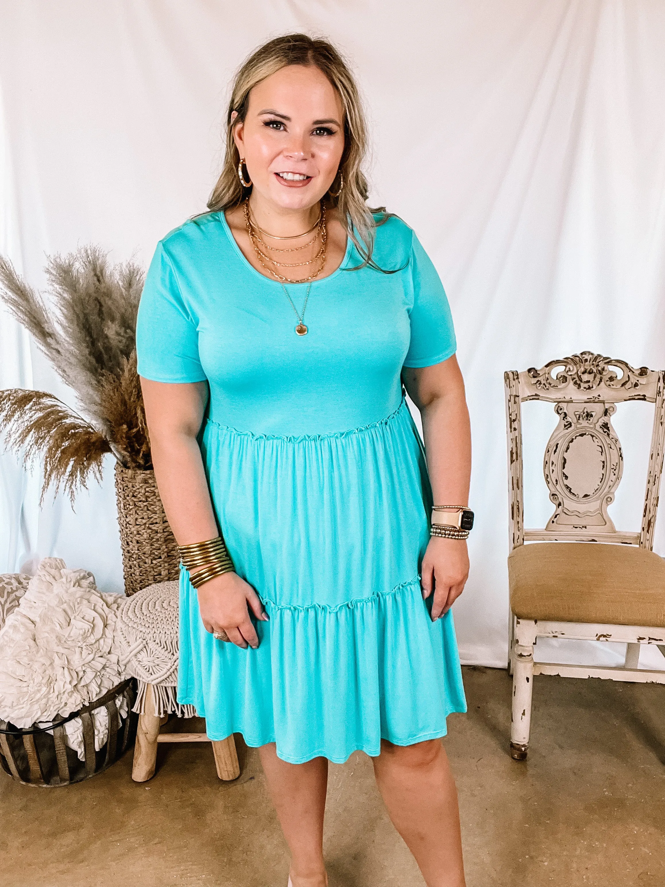 Last Chance Size Small, 2XL & 3XL | A Night to Remember Ruffle Tiered Short Sleeve Dress in Aqua Blue
