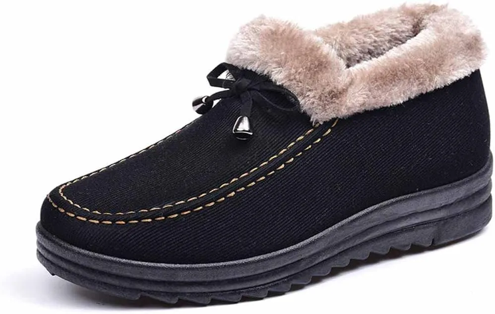 LAVAEGG Womens Moccasin Suede Snow Boots,Fur Lining Ankle Loafers,Casual Platform Shoes (Black,9)