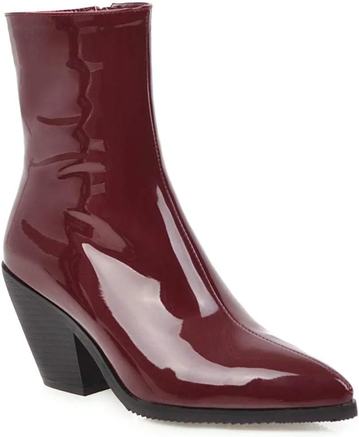 LEHOOR Women Combat Pointed Toe Chunky Heel Ankle Booties Side Zipper Patent Leather Stacked Block Heeled Short Boots Bike Warm 4-14 M US