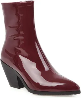 LEHOOR Women Combat Pointed Toe Chunky Heel Ankle Booties Side Zipper Patent Leather Stacked Block Heeled Short Boots Bike Warm 4-14 M US
