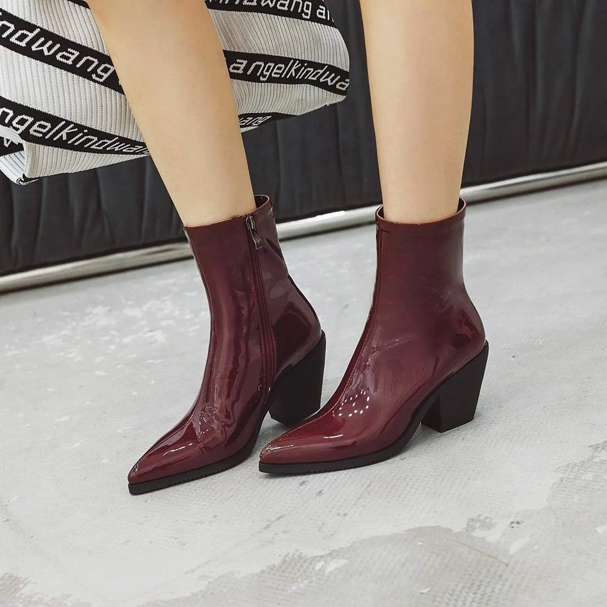 LEHOOR Women Combat Pointed Toe Chunky Heel Ankle Booties Side Zipper Patent Leather Stacked Block Heeled Short Boots Bike Warm 4-14 M US