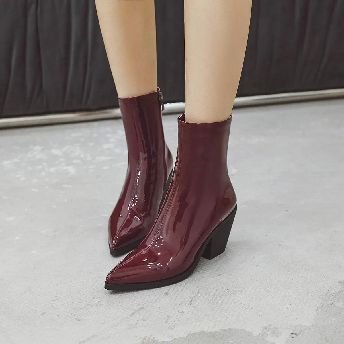 LEHOOR Women Combat Pointed Toe Chunky Heel Ankle Booties Side Zipper Patent Leather Stacked Block Heeled Short Boots Bike Warm 4-14 M US