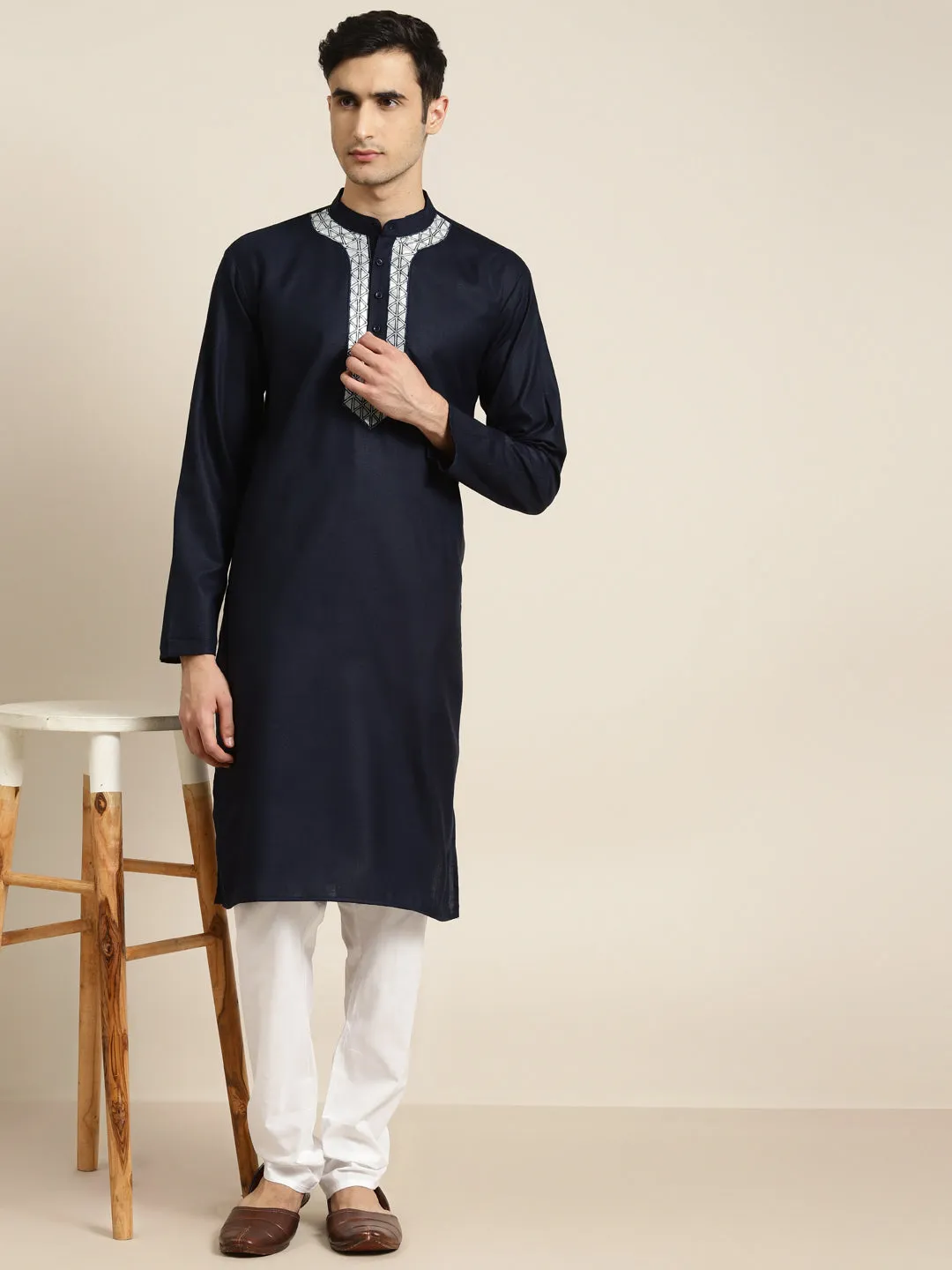 Men's Cotton Navy Blue Neck Embroidery Kurta & White Churidar Pyjama Set - Sojanya