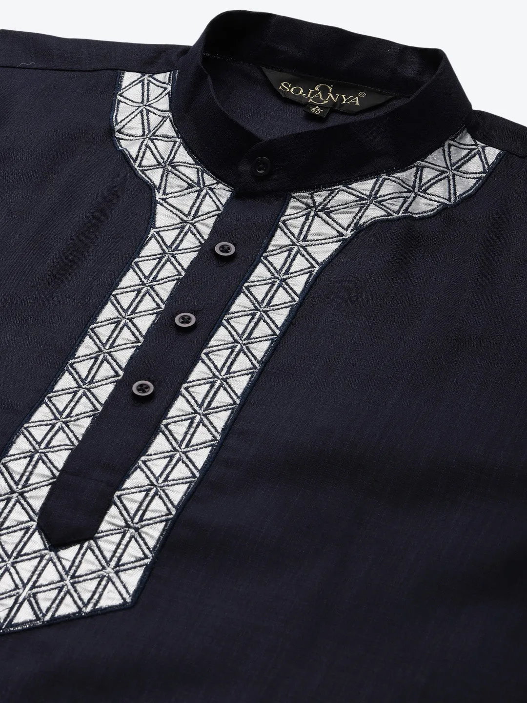 Men's Cotton Navy Blue Neck Embroidery Kurta & White Churidar Pyjama Set - Sojanya
