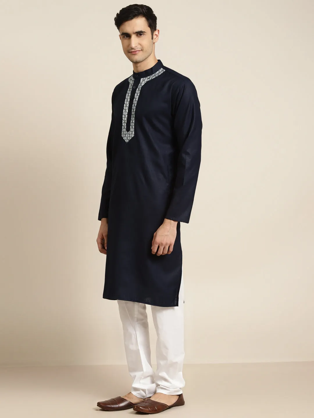 Men's Cotton Navy Blue Neck Embroidery Kurta & White Churidar Pyjama Set - Sojanya