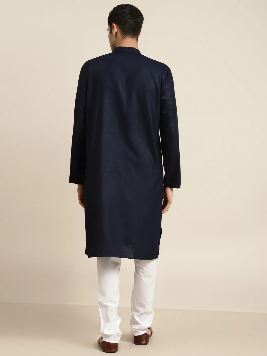Men's Cotton Navy Blue Neck Embroidery Kurta & White Churidar Pyjama Set - Sojanya