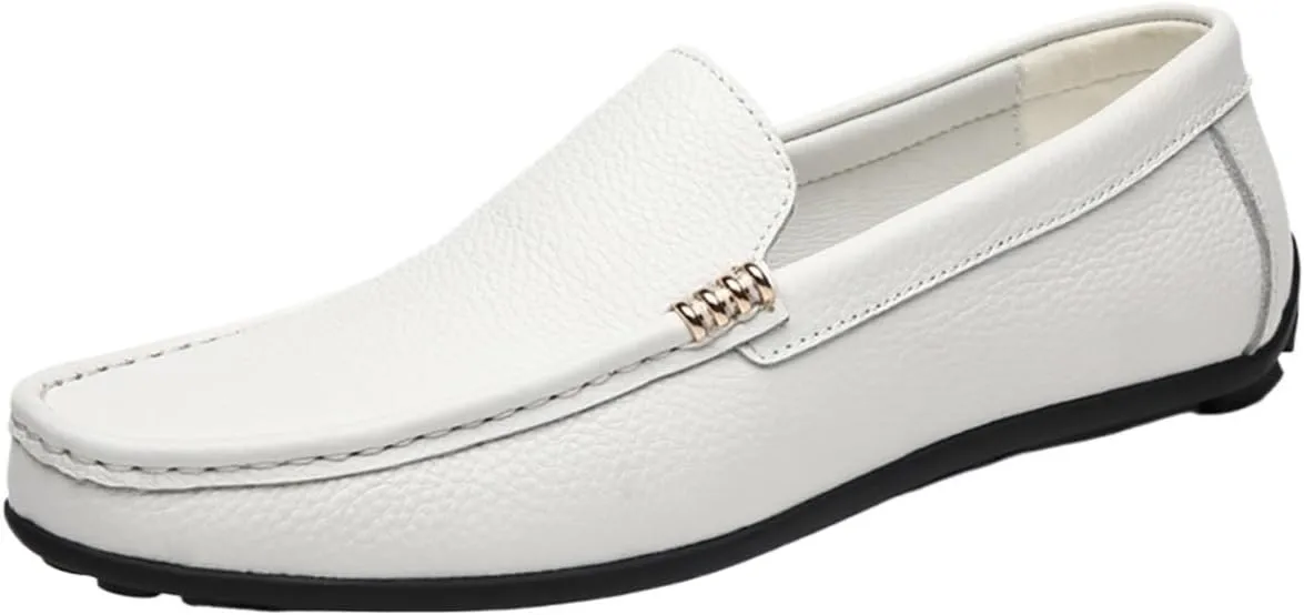 Men's Genuine Leather Loafers with Stitching Details, Round Toe, Lightweight & Slip-Resistant Flat Heel, Classic Wedding & Casual Slip-Ons