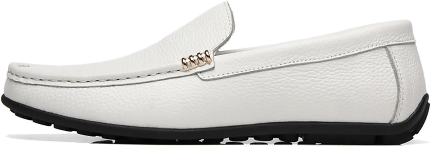 Men's Genuine Leather Loafers with Stitching Details, Round Toe, Lightweight & Slip-Resistant Flat Heel, Classic Wedding & Casual Slip-Ons