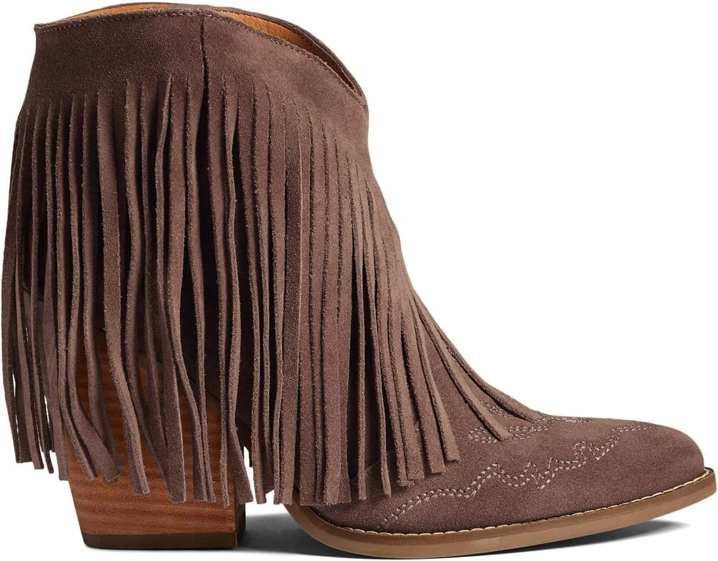 MOOMMO Women Tassel Western Booties Chunky Block Heel Suede Cowboy Ankle Boots Fringe Pointed Closed Toe V-Cut Stacked Heel Slip On Short Boots Cowgirl Embroidered Retro Vintage 4-11 M US