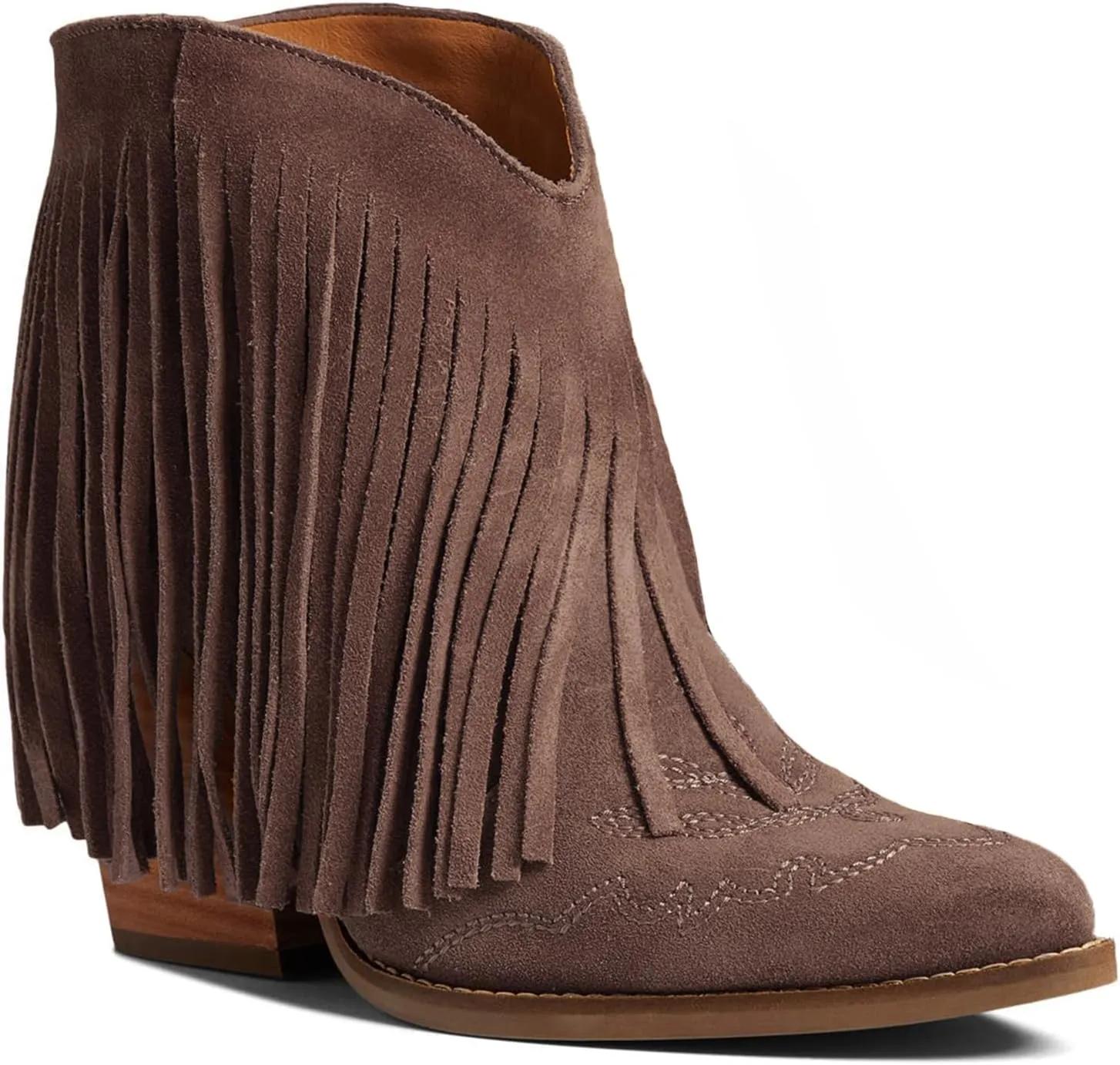 MOOMMO Women Tassel Western Booties Chunky Block Heel Suede Cowboy Ankle Boots Fringe Pointed Closed Toe V-Cut Stacked Heel Slip On Short Boots Cowgirl Embroidered Retro Vintage 4-11 M US