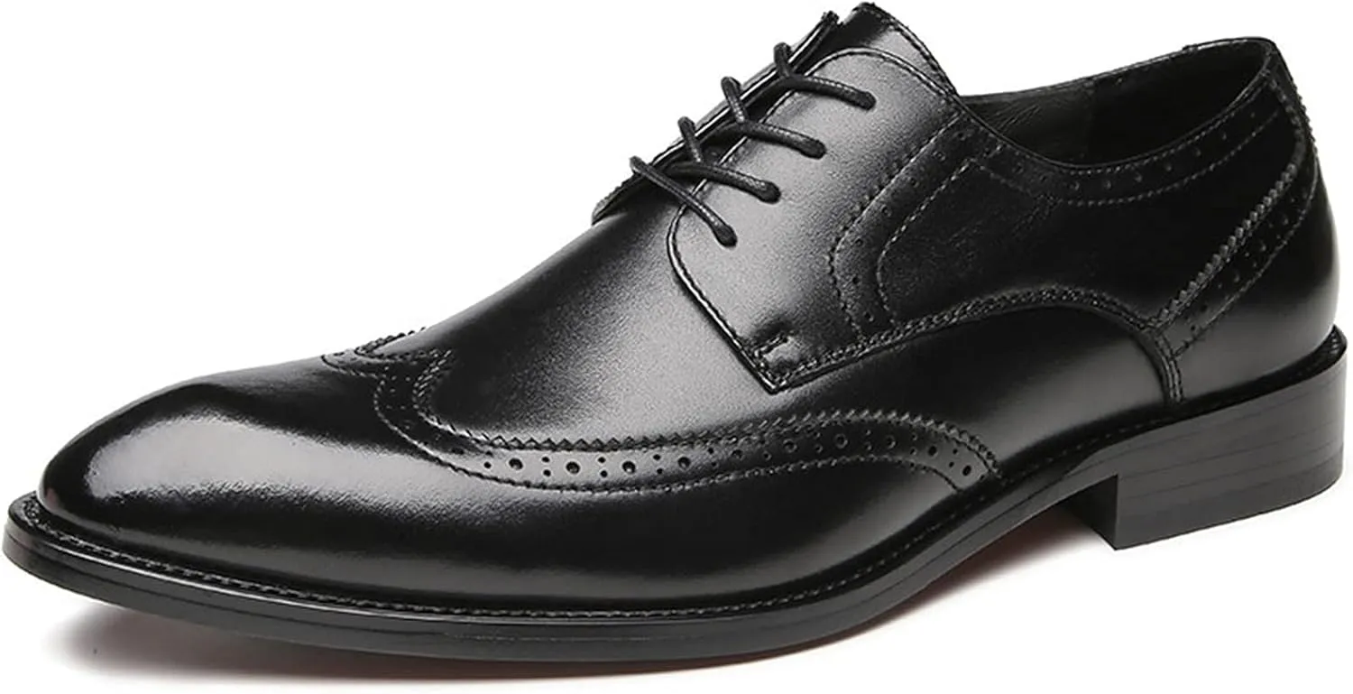 Single Season Oxford Dress Shoes for Men Lace Up Wing Tip Black Burnished Toe Leather Non Slip Rubber Sole Anti-Slip Slip Resistant Block Heel Prom Very Popular Among Young People