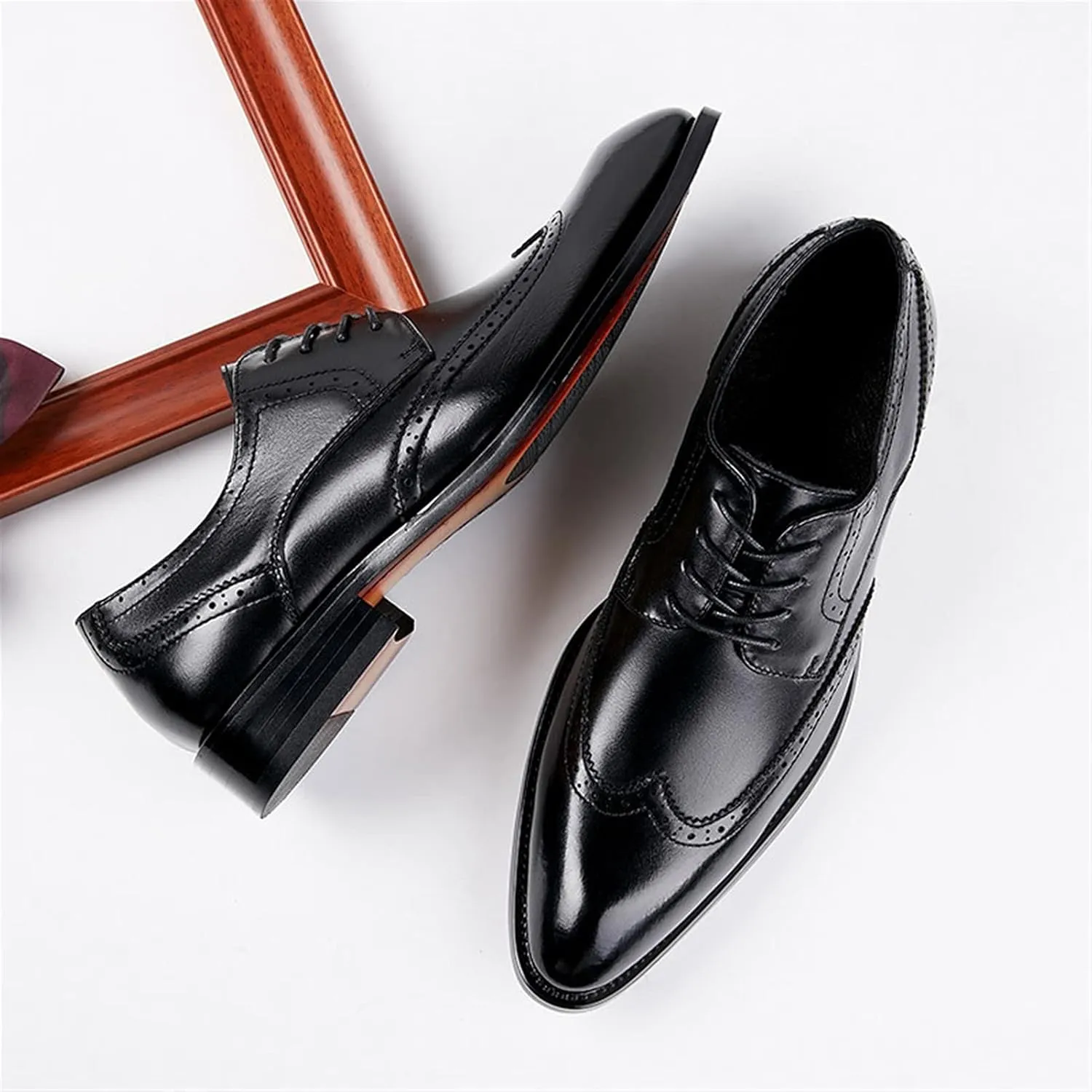 Single Season Oxford Dress Shoes for Men Lace Up Wing Tip Black Burnished Toe Leather Non Slip Rubber Sole Anti-Slip Slip Resistant Block Heel Prom Very Popular Among Young People