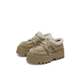 Thick Soled Fluffy Loafers Khaki