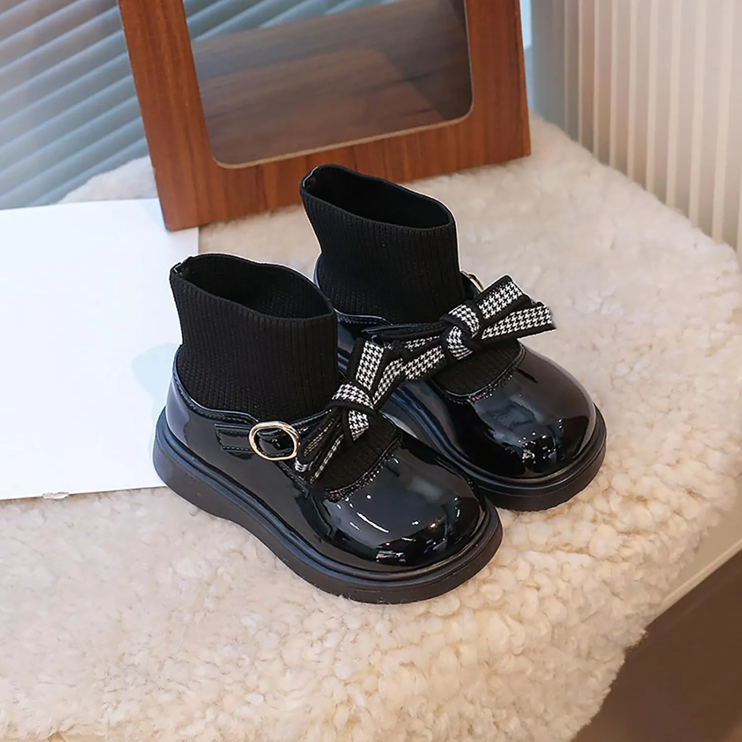 Toddler Girls Ankle Boots Mary Jane Flat Socks Shoes Kids Fashion Sweet Chunky Leather Boots for Little Girls