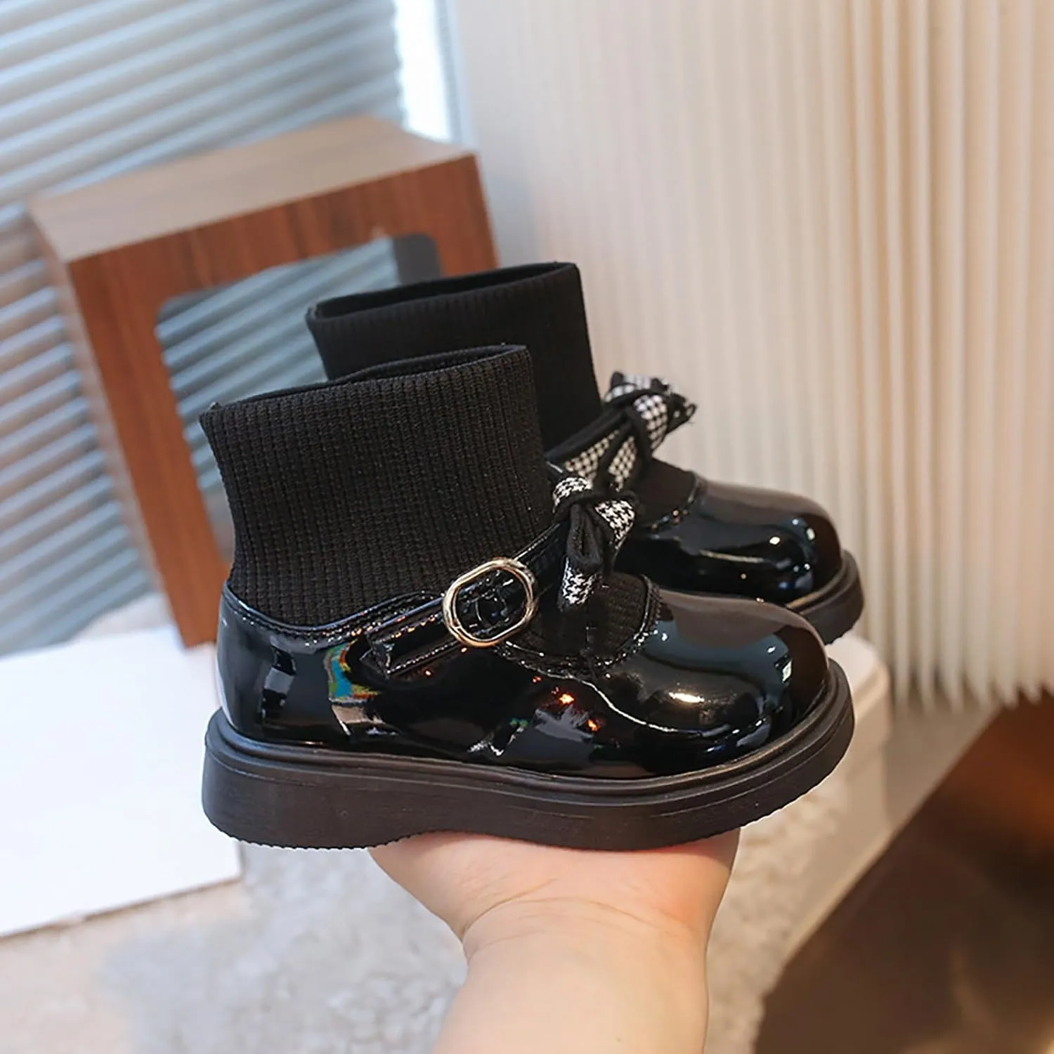 Toddler Girls Ankle Boots Mary Jane Flat Socks Shoes Kids Fashion Sweet Chunky Leather Boots for Little Girls