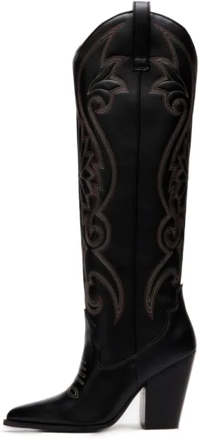 Vintage Embroidered Cowboy Boots Women Knee High Western Boots Suede High Chunky Stacked Heel Pointed Toe Tall Cowgirl Boots Satin Studded Combat Boot Pull On Fall Winter Dressy 4-11 M US