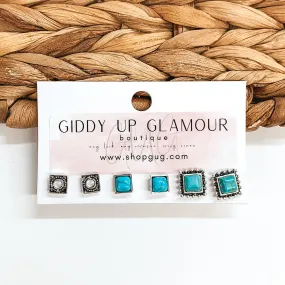 Western Square Stud Earring Set in Silver Tone