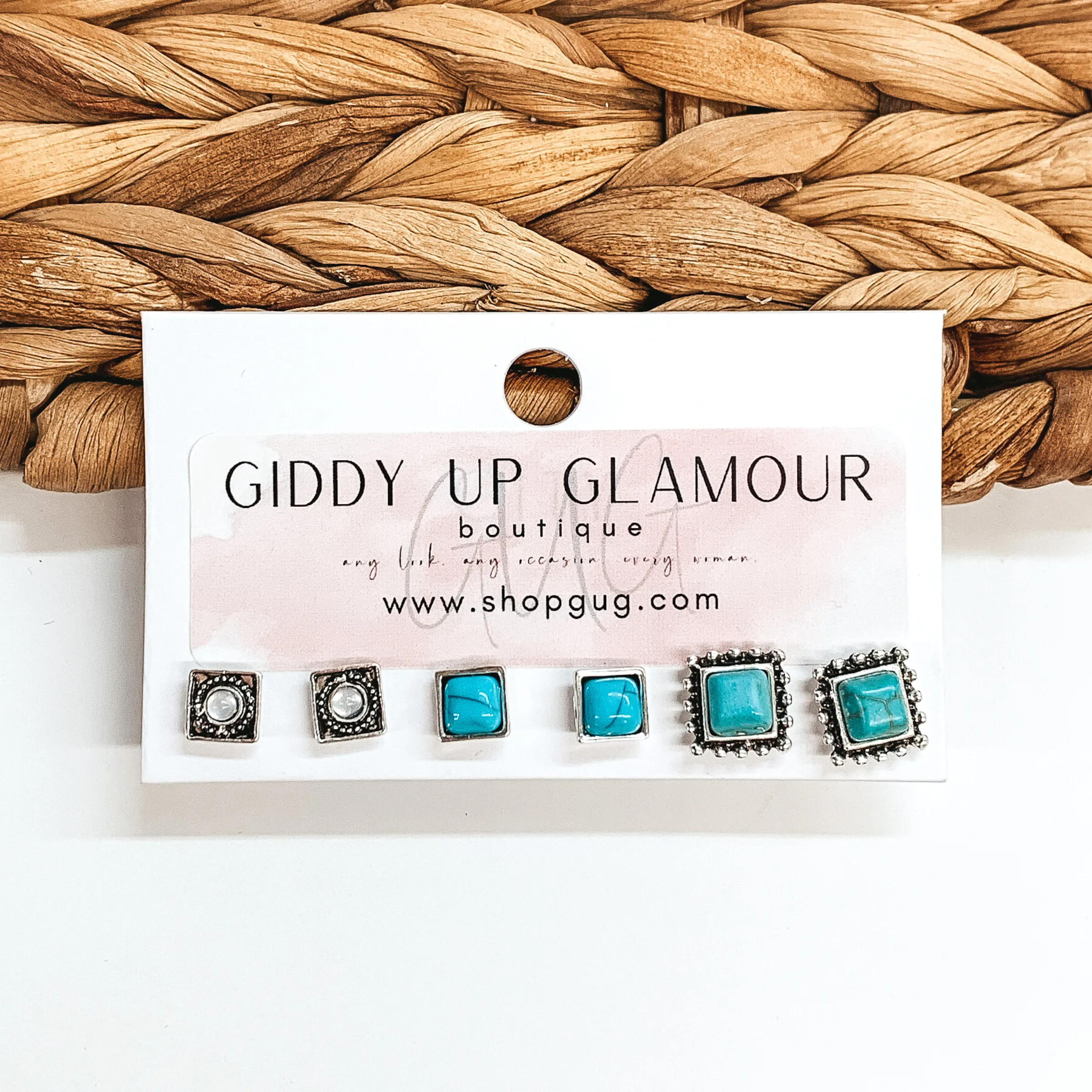 Western Square Stud Earring Set in Silver Tone