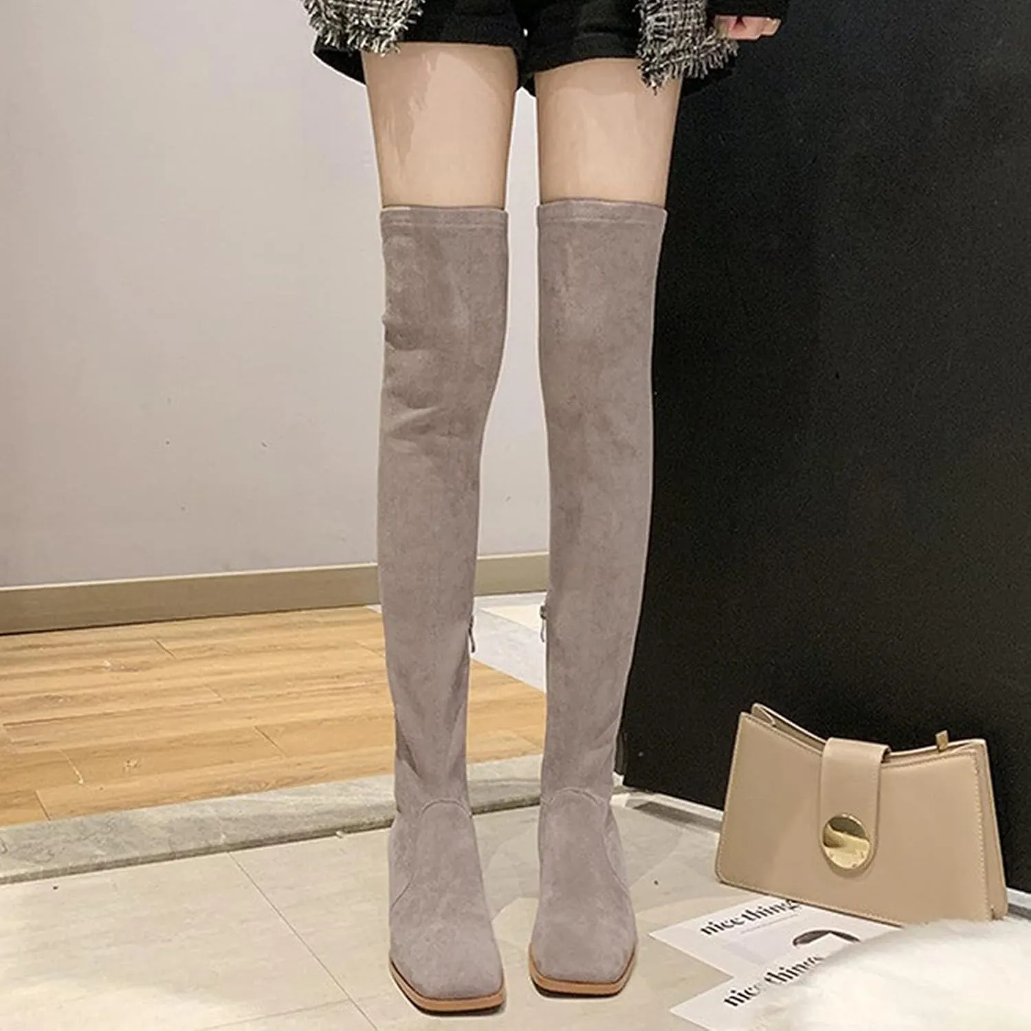 Winter Boots For Women Square Toe Over Knee Boots Suede Zipper Thigh High Boots Chunky Heeled Tall Long Boots