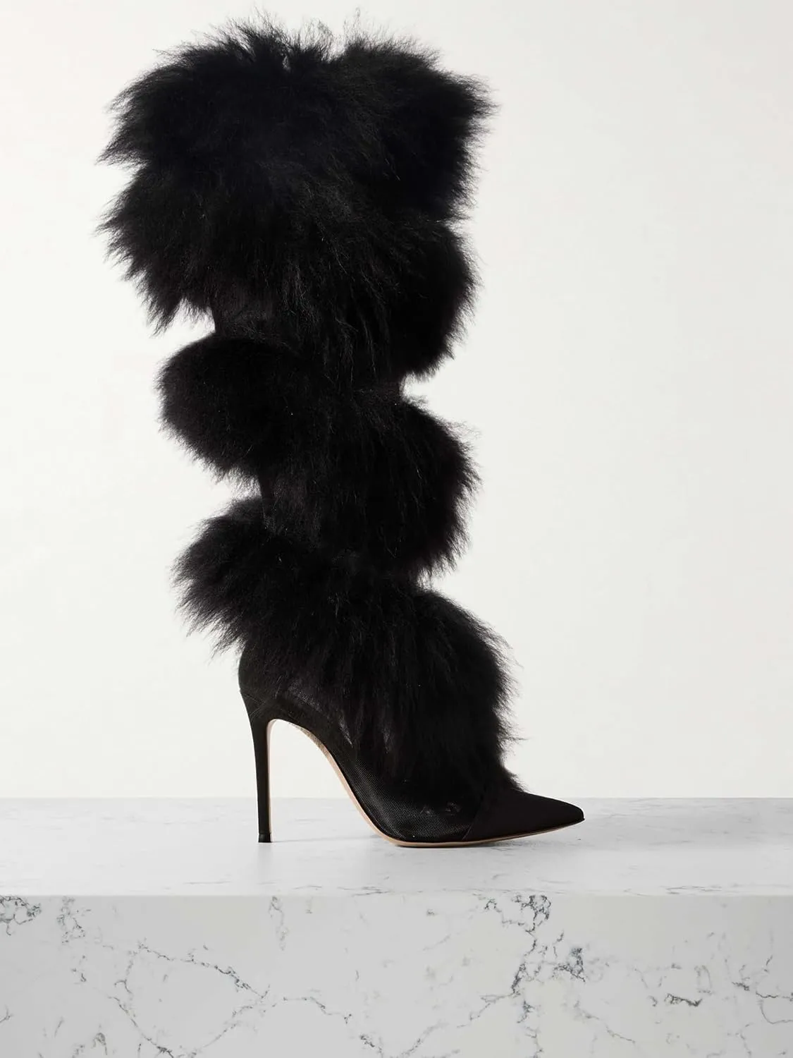 Women's Mesh Knee High Boots With Faux Fur-Trimmed Pointy Toe Stiletto Heel Satin Thigh Boots Side Zipper Sexy Party Dress Tall Boots