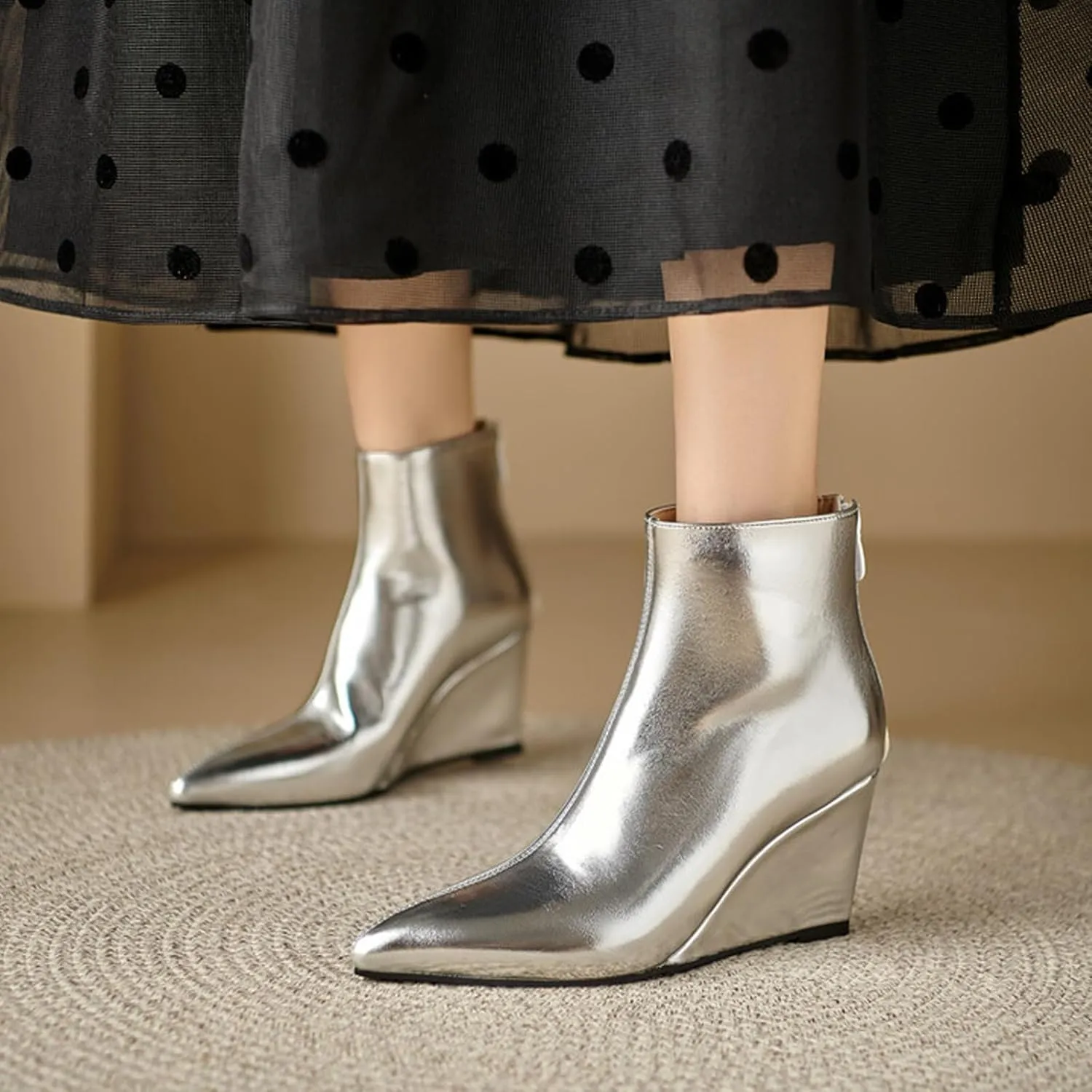 Women'S Patent Leather Shiny One-Piece Wedge Heel Fashion Ankle Boots With Back Zipper Sexy Pointed Block High Heel Non-Slip Chelsea Dress Party Ankle Boots